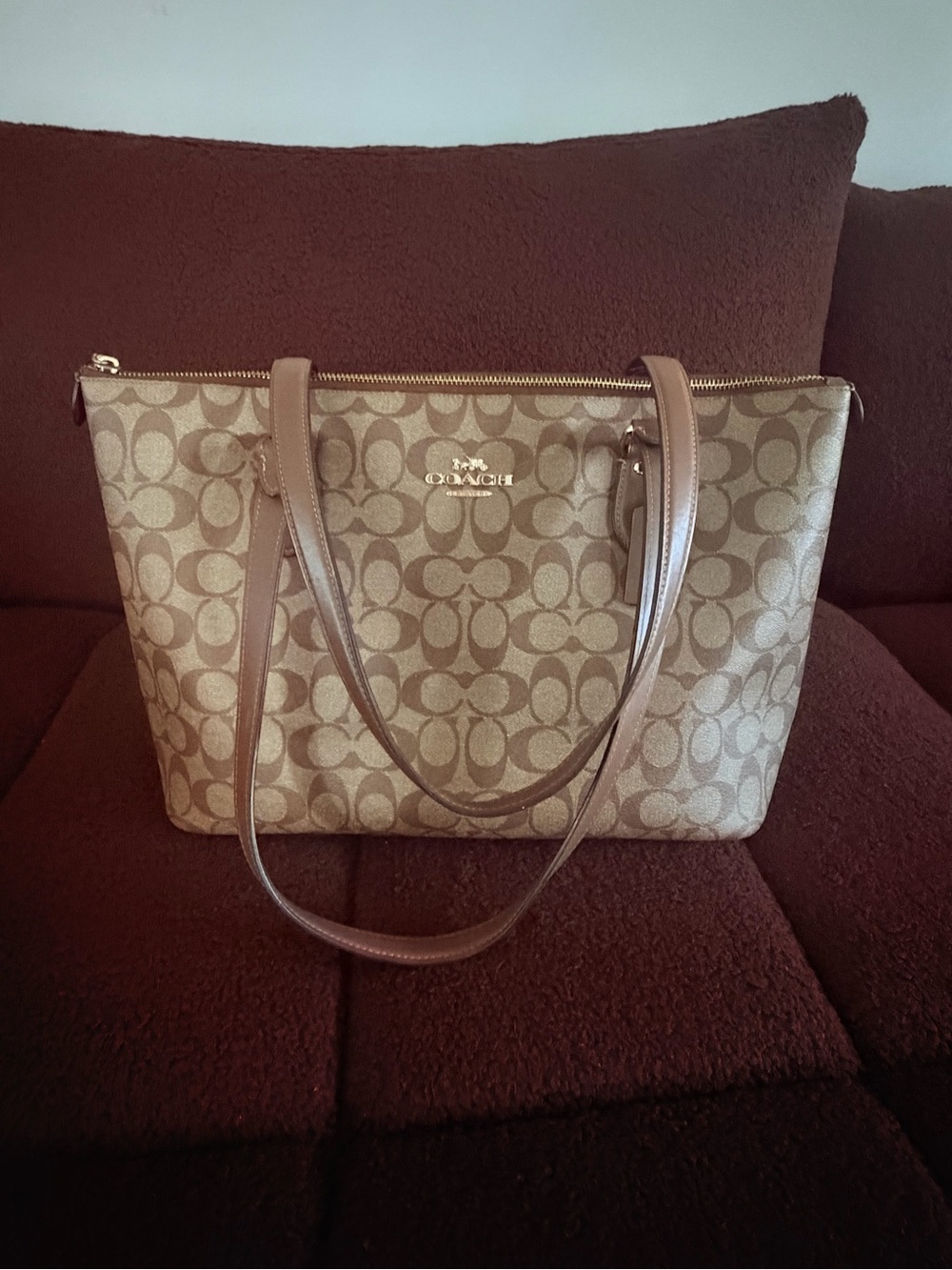 Coach Signature Canvas Shoulder Tote in Tan and Brown